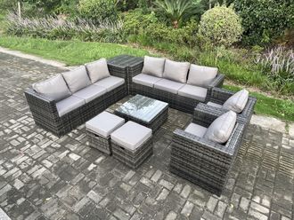 Fimous Rattan Garden Furniture Sofa Set with 2 Armchairs Square Coffee Table Side Table 2 Small Footstools Indoor Side Table in Dark Grey