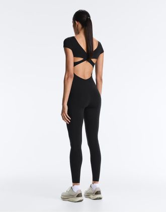 Oysho Tuta jumpsuit a maniche corte a compressione nera-Nero