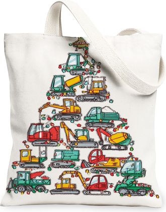 Generic Christmas Construction Vehicle Tote Bags, Holiday Heavy Machinery Pattern Reusable Grocery Bags, Vintage Style Lightweight, White, 13x15 Inch