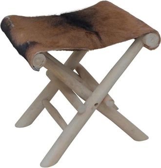 vidaXL Folding Stool Goatskin Leather and Solid Teak Wood Vidaxl