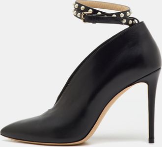 Jimmy Choo London Black Leather Pointed Toe Lark Pearl Ankle Strap Pumps