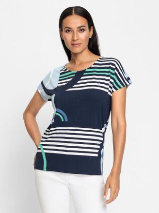 Heine Kurzarmshirt HEINE Druck-Shirt, Damen, Gr. 34, blau (marine, hellblau, gemustert), 95% Viskose, 5% Elasthan, bedruckt, gemustert, mehrfarbig, Rundhals