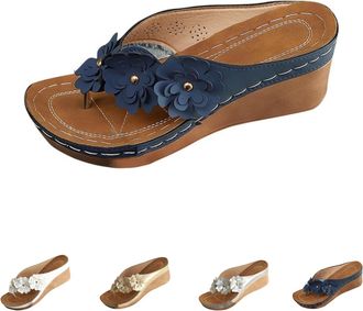 Generic Womens Fashion Floral Slip-On Flip Flops Wedge Sandals, Wedge Sandals Women with Arch Support Slip On Flip Flops Ladies Summer Beach Slides (Blue,4.5)
