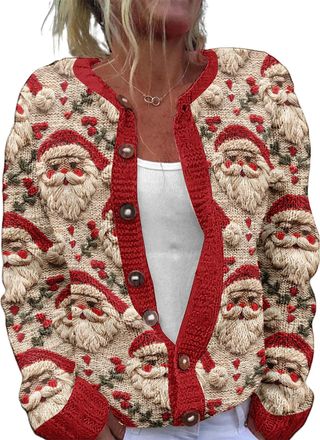 Generic Christmas Sweaters for Women Ugly Funny Xmas Tree Open Front Cardigan Button Knit Long Sleeves Fall Winter Coat Outwear