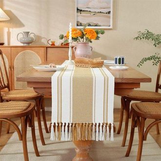 OEM Camino De Mesa Bohemio De Algod&oacute;n Y Lino Con Borlas, 35x240cm Mantel Tejido A Cuadros Grueso Y Sencillo, Mantel Diario, Suave Duradero, Lavable