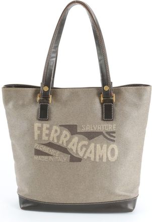 Ferragamo Brown Leather Coated Canvas Handbag Shoulder Bag Tote Bag (Pre-Owned)