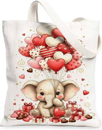 Generic ValentineS Day Elephant Canvas Tote Bags, Adorable Heart Balloon Print Reusable Grocery Bags, Lightweight Washable Shoulde, White, 13x15 Inch