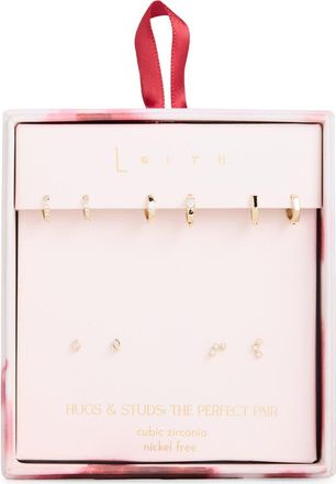 Leith Set of 5 Cubic Zirconia Stud & Huggie Hoop Earrings in Clear- Gold at Nordstrom Rack