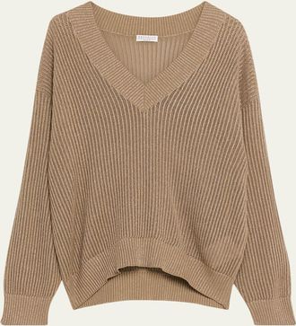 Brunello Cucinelli Metallic Open Rib V-Neck Sweater