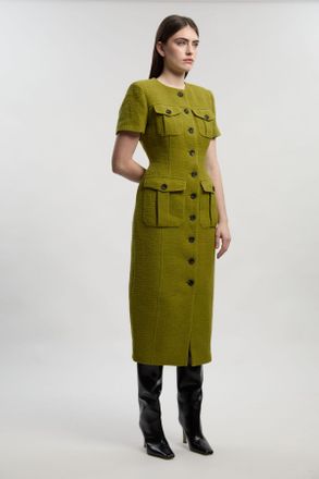 Karen Millen Womens Textured Tweed Tailored Pocket Front Short Sleeve Midi Dress - Green Cotton - Size 12 UK