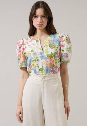 Sugarlips Esther Floral Puff Sleeve Top In Cream Multi