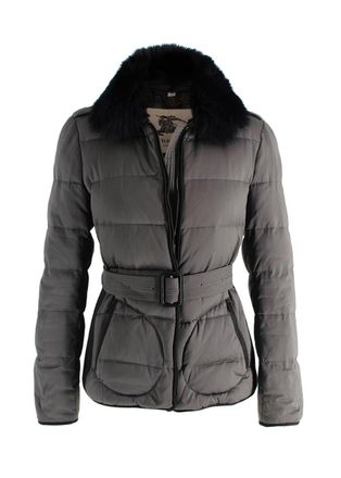 Burberry Grey Belted Puffer Coat with Faux Fur Trim Size S