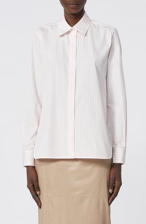 Max Mara Stripe Cotton Button-Up Shirt in Pink Pinstripes at Nordstrom, Size 14