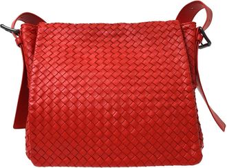 Bottega Veneta Square Flap Messenger Intrecciato Nappa Red Leather Handbag (Pre-Owned)