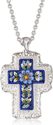 Ross-Simons Italian Murano Glass Mosaic Floral Cross Pendant Necklace in Sterling Silver