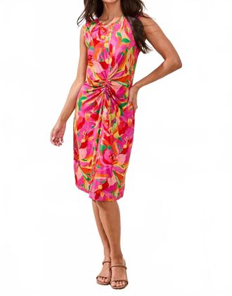 Tribal Printed Sleeveless Jersey V Neck Front Knot Dress In Pink Glow