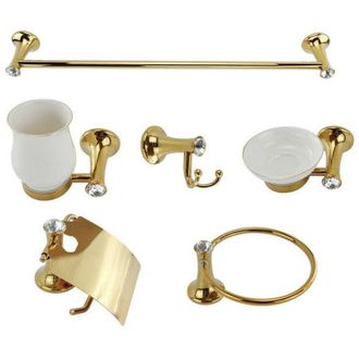 Trade Shop Trade Shop Traesio - Cleafe - Set 6 Pz Accessori Bagno In Oro e Ceramica Con Punti Luce Cristalli In Acrilico
