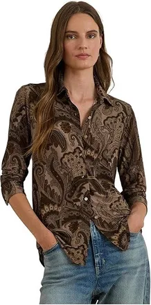 Lauren Ralph Lauren Slim Fit Paisley Jersey Shirt Womens Clothing Taupe : MD, Elastane/Polyester