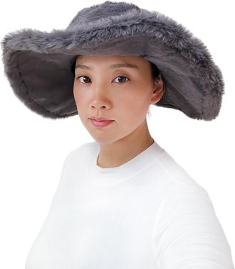 Lina & Lily Oversized Womens Winter Bucket Hat Faux Fur Wide Floppy Brim (Dark Grey)