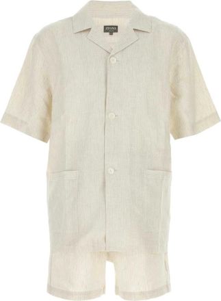 Ermenegildo Zegna Logo-Geborduurd Gestreept Linnen Pyjamaset - Heren - Pyjama - Beige - L - Linnen - Nachtkleding