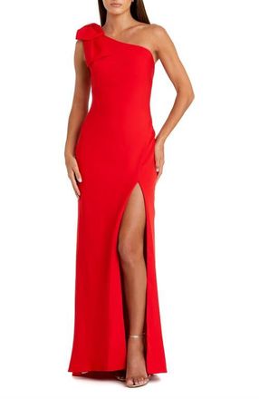 Mac Duggal One-Shoulder Stretch-Crepe Gown with Oversized Bow & Thigh-High Slit in Red at Nordstrom, Size 14