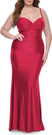 La Femme Ruched Jersey Plus Size Dress with Lace Up Back in Red at Nordstrom, Size 16W