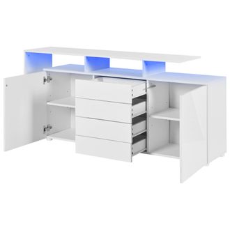 STILVORA Aparador Con 2 Puertas, 4 Cajones, 2 Huecos Abiertos Y Led, Blanco Brillo, En Tablero De Part&iacute;culas, 160&times;35&times;70 Cm