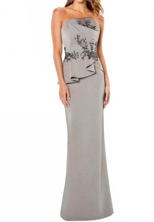 Mon Cheri Montage Strapless Crepe Gown In Taupe