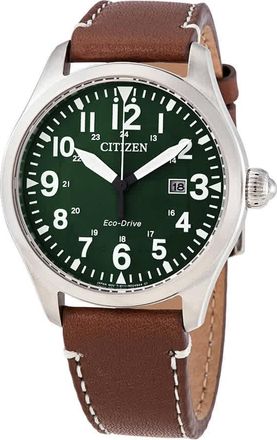 Citizen Chandler Eco-Drive Green Dial Dark Brown Leather Mens Watch BM6838-09X
