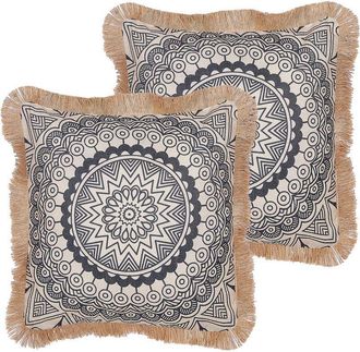 Beliani Beliani - Conjunto De 2 Cojines Beige Negro 45 X 45 Cm Poli&eacute;ster Borlas Patr&oacute;n Geranium