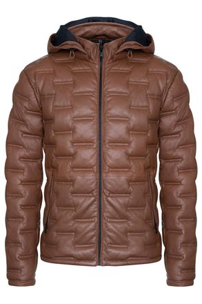 Infinity Leather Mens Hooded Puffer Quilted Bomber Jacket - Belem - Tan Lamb Leather - Size X-Small