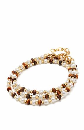 Nialaya White Pearl and Brown Tiger Eye Wrap Bracelet in White Pearl /Tiger Eye/Gold at Nordstrom, Size X-Large