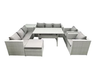 Fimous Rattan Garden Furniture Set Outdoor 8 Seater Patio Dinin g Sofa Sets with Dining Table 2 Chairs Side Table Big Footstool Light Grey Mixed