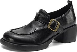 Generic Womens Buckle Strap Loafers Round Toe Block Heels Smooth PU Leather Upper Thick Sole Pull Tab Stitched Detail Adjustable Comfortable Shoes,Black,3.5 U