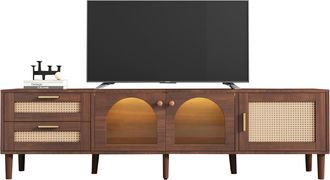 STILVORA Mueble Tv Con 3 Puertas, 2 Cajones De Rat&aacute;n Y Led, Puertas De Cristal, Estilo Natural, 180&times;40&times;50 Cm, Aglomerado, Marr&oacute;n