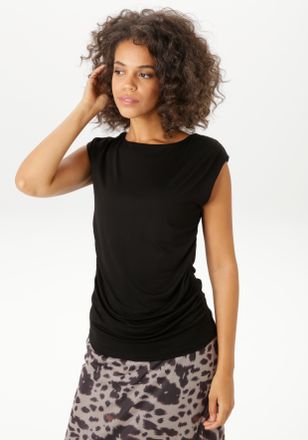 Aniston T-Shirt ANISTON CASUAL, Damen, Gr. 34, schwarz, Single Jersey, Obermaterial: 95% Viskose, 5% Elasthan, unifarben, sehr figurbetont h&uuml;ftlang, Rundhals,