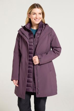 Mountain Warehouse Alaskan Womens 3 In 1 Long Jacket with Adjustable Hood Waterproof Coat Purple