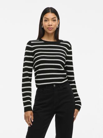 Vila Rundhalspullover VILA VIDALO O-NECK L/S STRIPE KNIT TOP- NOOS, Damen, Gr. XXL (44), weiss (schwarz stripes:wei&szlig; alyssum), Rippstrick, Obermaterial: 10