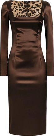 Dolce & Gabbana Donkerbruine Satijnen Vierkante Halslijn Jurk - Dames - Casual kleedjes - Bruin - XL - Satijn - Kleedjes