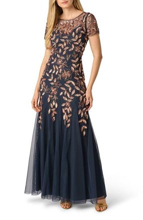 Adrianna Papell Floral Embroidered Beaded Trumpet Gown in Navy/Rose Gold at Nordstrom, Size 14