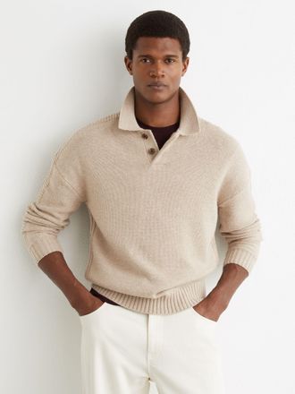 Reiss Oatmeal Wool-blend Half-button Polo Jumper, 2XL
