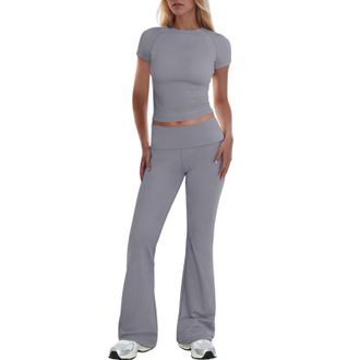 Generic Womens Tracksuits 2 Piece Y2k Outfits Short Sleeve Crop Top and Low Rise Fold Over Flare Yoga Pants Lounge Sets S-L Dark Gray