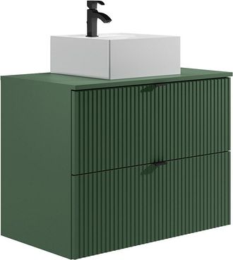 Vente-Unique Mueble de baño suspendido estriado con lavabo cuadrado sobre encimera - Verde mate - 80 cm - ZEVINI