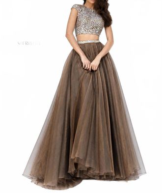 Sherri Hill Two Piece Beaded Bodice Organza Ball Gown In Light Brown
