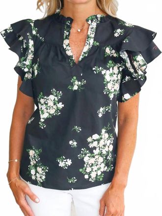 Sugarlips Emerson Floral Split Neck Top In Black/taupe