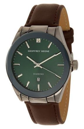 Geoffrey Beene Diamond Leather Strap Watch, 42mm in Black at Nordstrom Rack