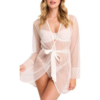 Montelle Intimates Lacy Lace Trim Mesh Robe in Chantilly at Nordstrom, Size Small