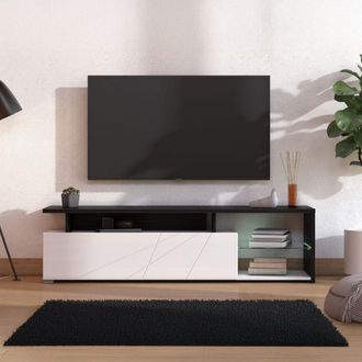 Dmora Mueble Para Tv Induno, 6 Estantes, Una Puerta, Detalle Geom&eacute;trico, Estante De Vidrio, 170x42x47h Cm Blanco