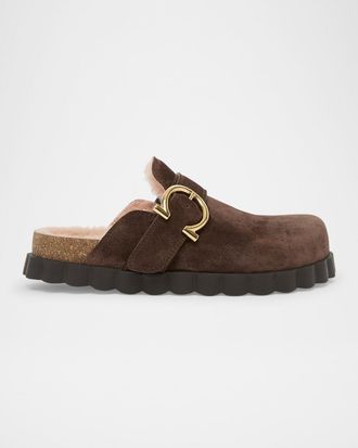 Ferragamo Zaida Merino Wool-Lined Suede Clogs