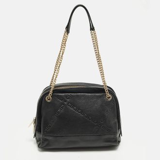 Carolina Herrera Chain Black Logo Embossed Leather And Suede Satchel